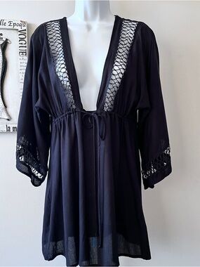 Boho Festival Black Beach Cover-up Coachella Mini Bell Sleeve Dress Size S
